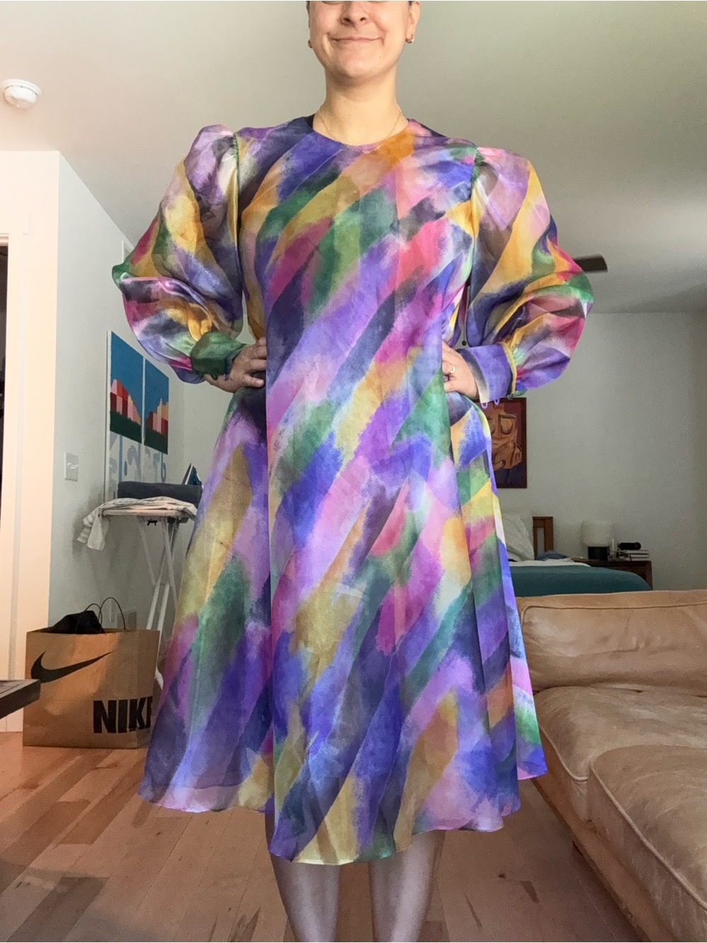 Vintage Watercolor Puff-Sleeve Midi Dress in Purple Multi